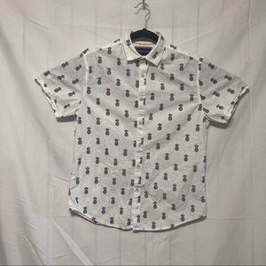 Denim and Flower Button Front Shirt Mens M Short Sleeve Pineapples Slim Fit